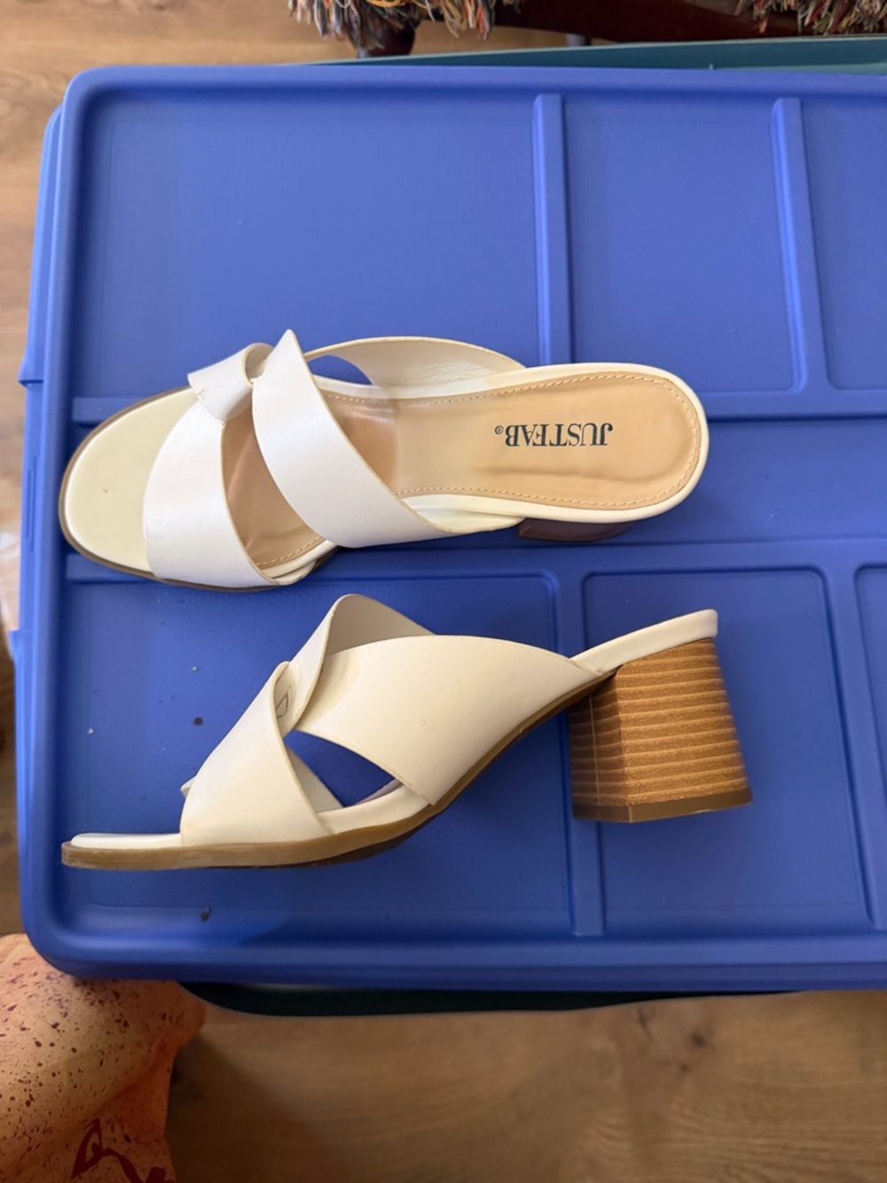 JustFab Cream Crossband Block Heel Mules